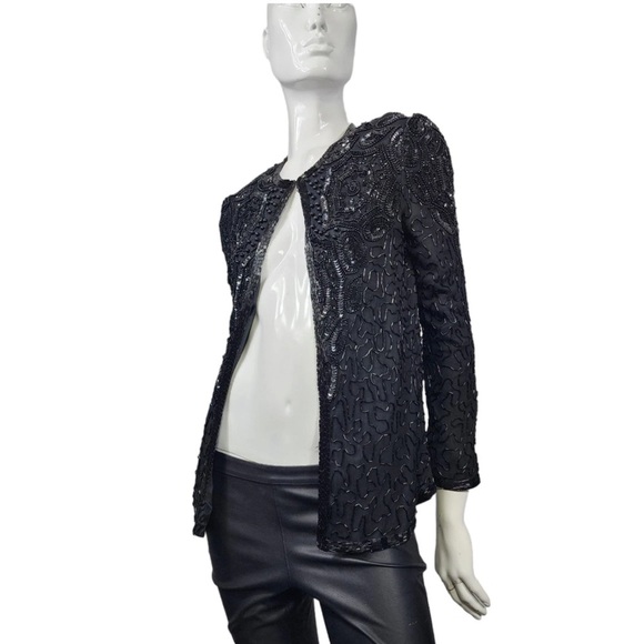 Adriana Papell Evening Vintage Beaded Sequin Silk Jacket Black Size S - Picture 1 of 7